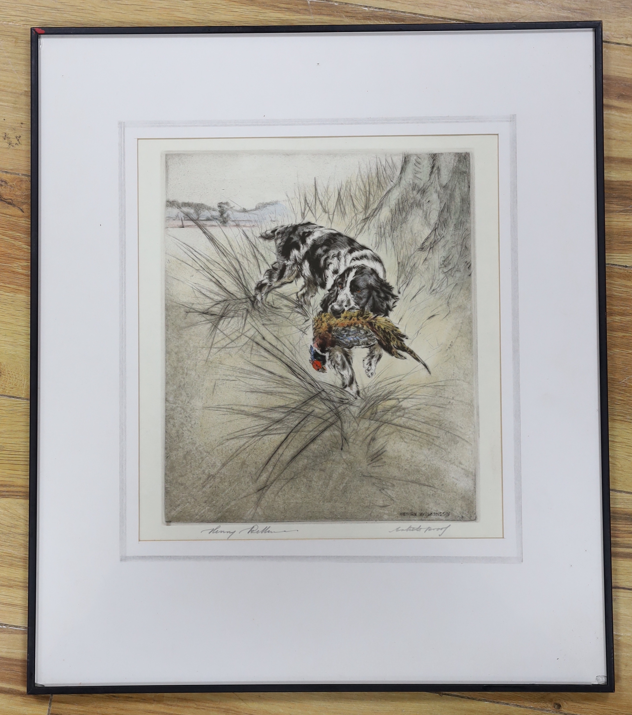 Henry Wilkinson (1921-2011), artists proof colour etching, Gun dog with game, pencil signed, 28cm x 25cm